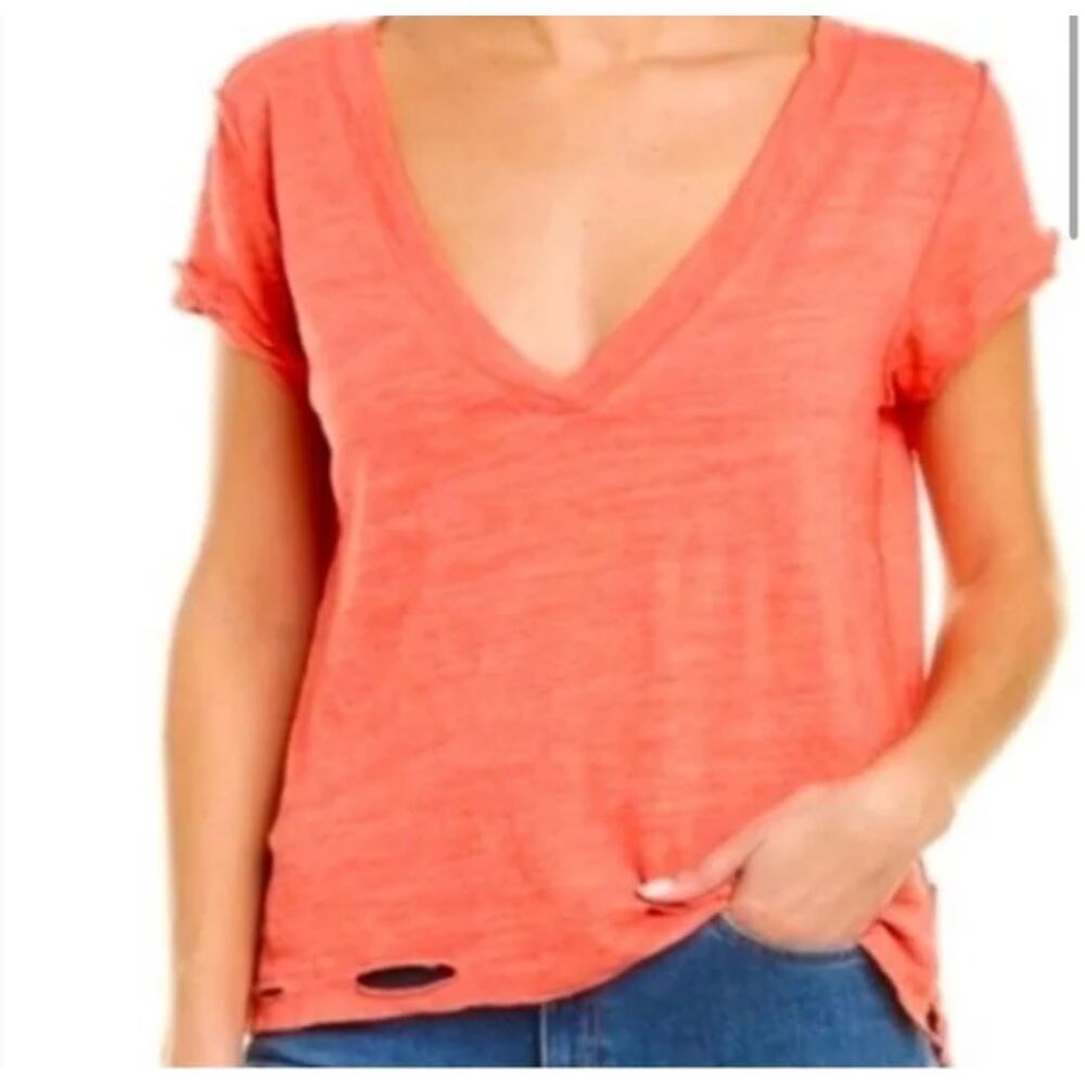 We the Free / FP Distressed Slouchy V-Neck Tee Orange Women's Size Small SS